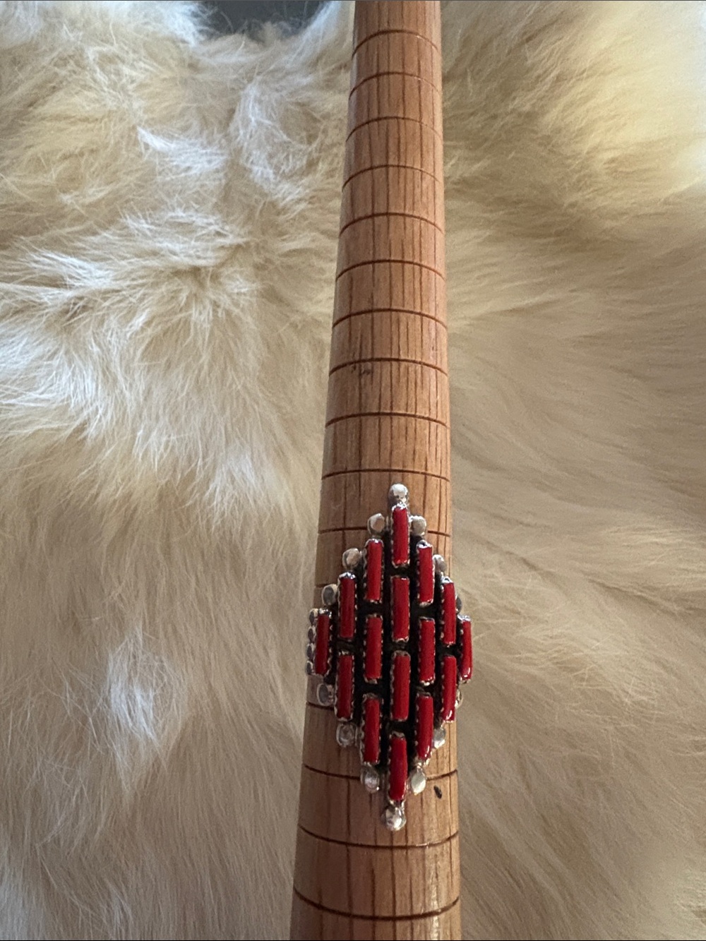 Silver Tone Coral Inlay Geometric Statement Ring